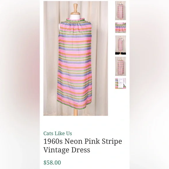 Dynasty vintage 60’s Striped Multicolor Sleeveless silk Dress S/M - Picture 8 of 17